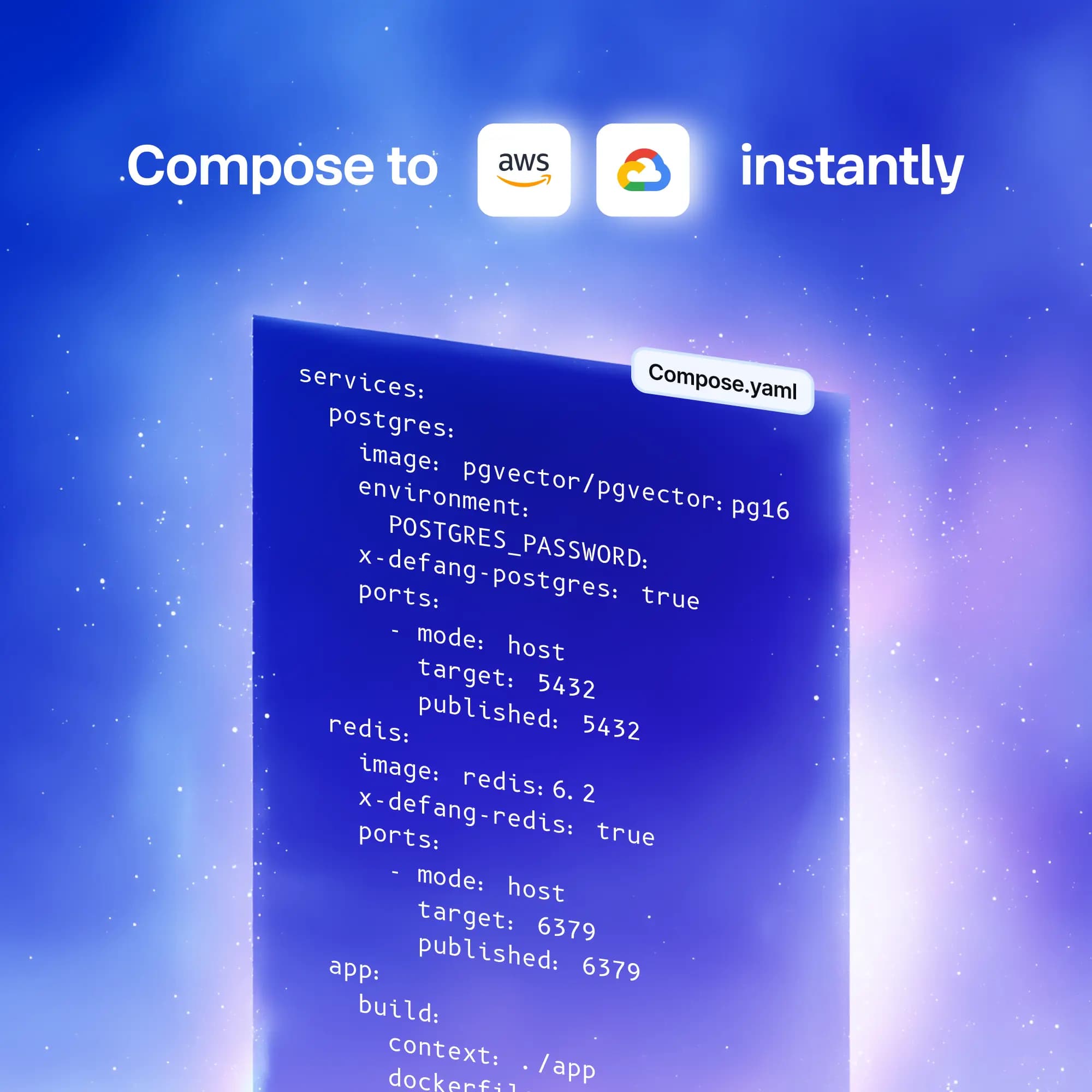 Graphic showing a Docker Compose YAML file floating on a blue cosmic background with logos for AWS, Google Cloud, and DigitalOcean, highlighting that you can deploy Compose stacks to these clouds instantly.
